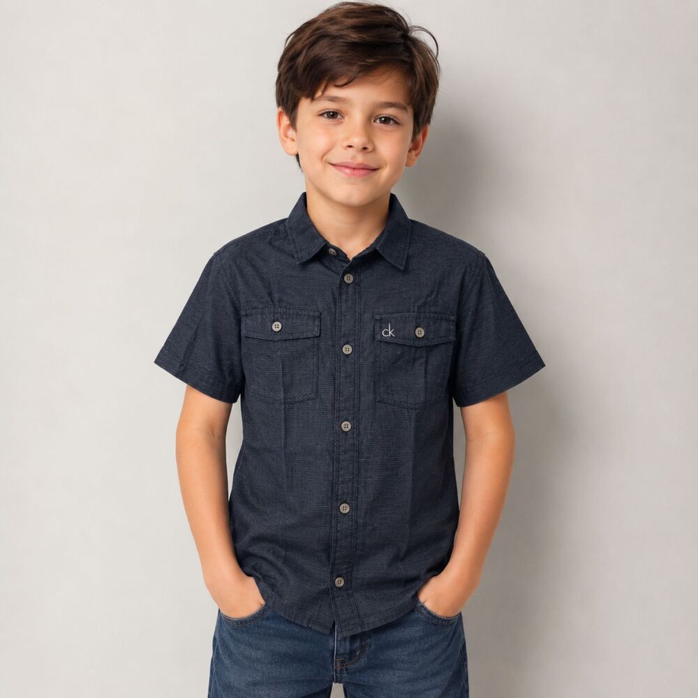 Calvin Klein Toddler Boys Short Sleeve Casual Button Up Shirt Navy Blue Size L